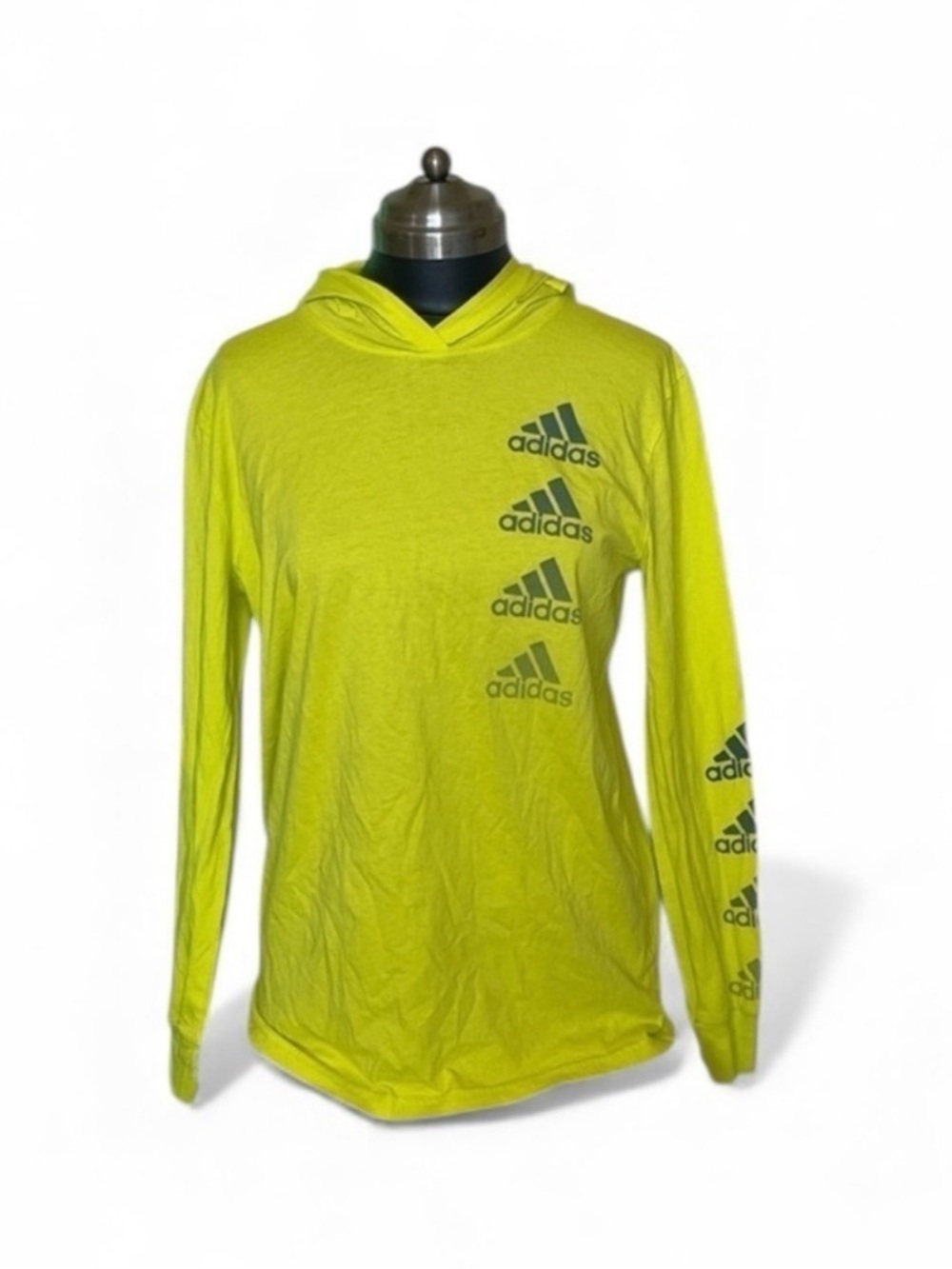 adidas Neon Yellow Kids' Hooded Long Sleeve Top with Logo Stack